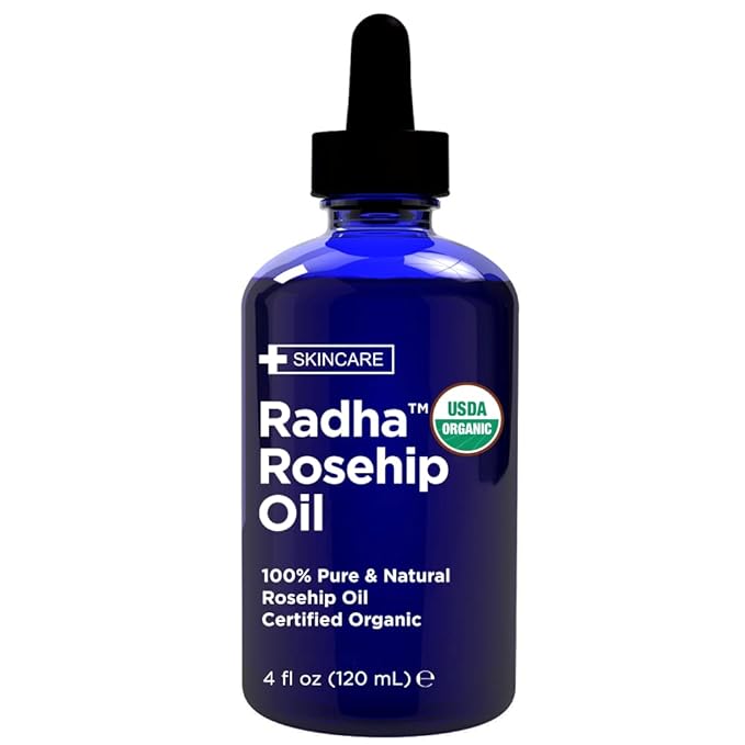Radha Beauty 4 oz Organic Rosehip Seed Oil 100% Pure Cold Pressed - Great Carrier Oil for Moisturizing Face, Hair, Skin, & Nails, Hydrating and Nourishing