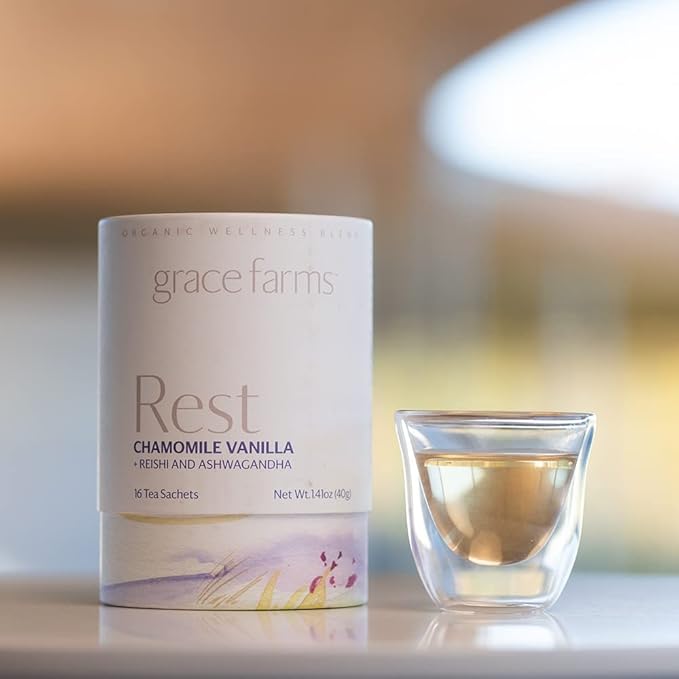 Grace Farms REST Wellness Organic Tea Blend (16 Pyramid Sachets) | Sleep and Stress Support For Evening | Chamomile Vanilla Tea with Adaptogenic Herbs and Mushrooms | Fairtrade and Kosher