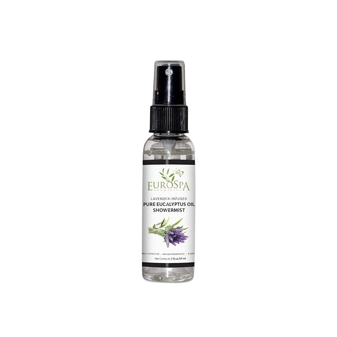 EuroSpa Aromatics Pure Eucalyptus Oil ShowerMist and Steam Room Spray, All-Natural Premium Aromatherapy Essential Oils - Lavender Infused, 2oz