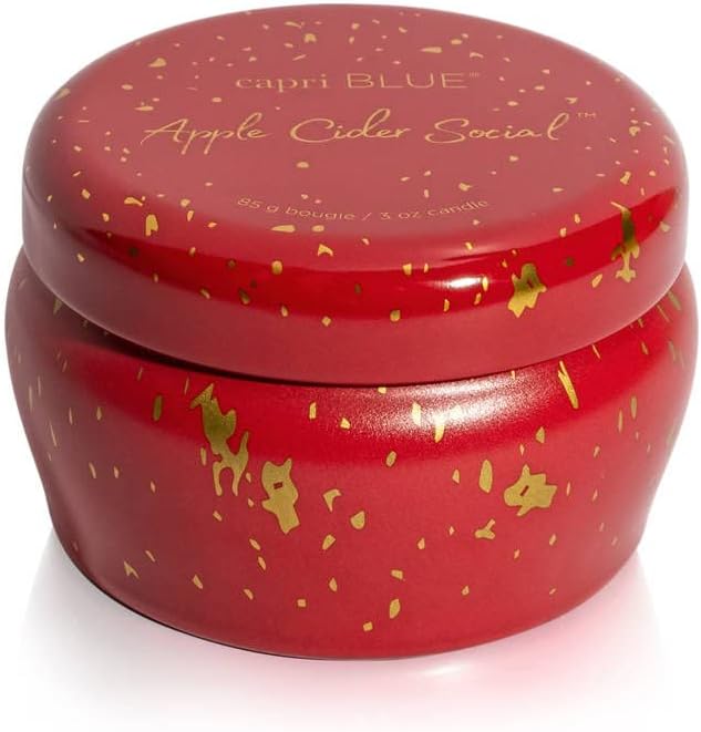 Capri Blue Glimmer Mini Tin - Apple Scented Candle with Mini Candle Holder - Soy Wax Blend - Capri Blue Apple Cider Social Red and Gold (3 oz)