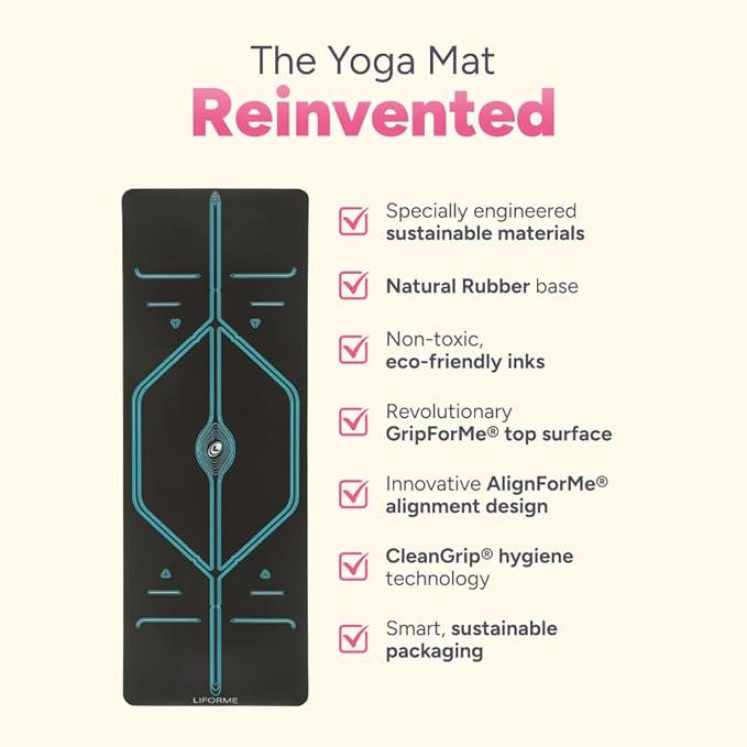 Liforme XL Yoga Mat – Free Yoga Bag Included - Patented Alignment System, Warrior-like Grip, Non-slip, Eco-friendly, sweat-resistant, long, wide, 4.2mm thick mat for comfort