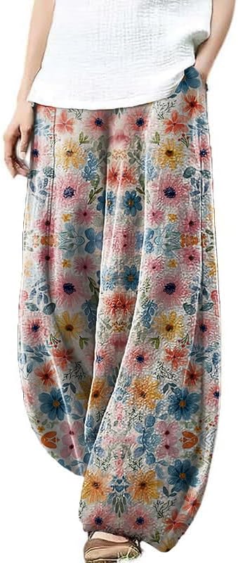 domirica Plus Size Loose Pants for Women Floral Printed Cute Pattern Ethnic Baggy Beach Wide Leg Trouser