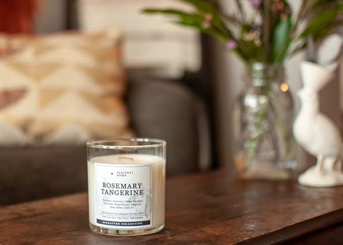 PERIPETI Home Rosemary + Tangerine Scented Candle - Wooden Wick, 8.5oz Natural Soy Wax for Energizing Aromatherapy - Long-Lasting Citrus & Herbal Fragrance for Home or Spa