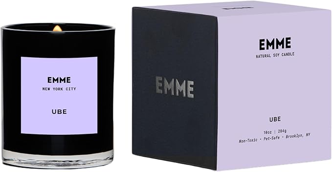 EMME NYC Scented Candle Jar - Black Glass, Soy, Natural, Non-Toxic, Pet-Safe, Up to 60 Hours Burn Time, Wood Wick, Strong Scent, Cruelty-Free, 10 oz - Best Smelling Scented Candles (Ube)