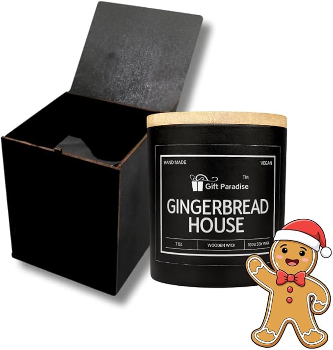 Gift Paradise® Gingerbread House Soy Wax Candle | 7 oz Wooden Wick Candle in Premium Gift Box | Cozy Spiced Bakery Scent | Handcrafted Holiday Candle for Christmas, Fall & Winter Décor