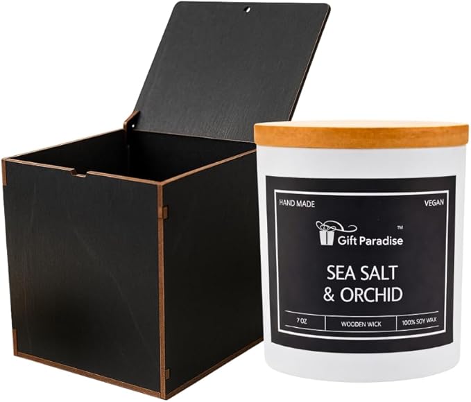 Sea Salt & Orchid Scented Candle – 7 oz Natural Soy Wax Candle with Wooden Wick & Wooden Gift Box, Fresh Ocean & Floral Aromatherapy Candle for Self-Care, Valentine’s Day & Spring-Summer