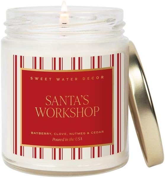 Sweet Water Decor Santa's Workshop Candle - Bayberry, Fir, Nutmeg, and Clove Winter Holiday Scented Soy Candles for Home - 9oz Clear Jar, 40 Hour Burn Time, Made in The USA