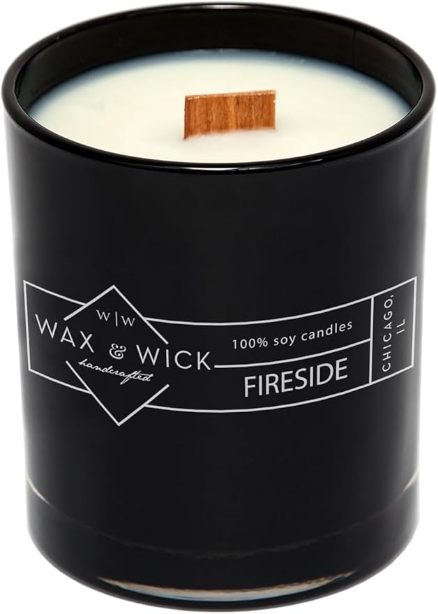 Wax and Wick 12oz Scented Candle for Men, 100% Soy Wax, Double Wood Wick, Black Jar, Fireside Scent, Long Lasting, Masculine Scents, Perfect for Home, Mancave, Bachelor Pad, Men's Gift - Made in USA