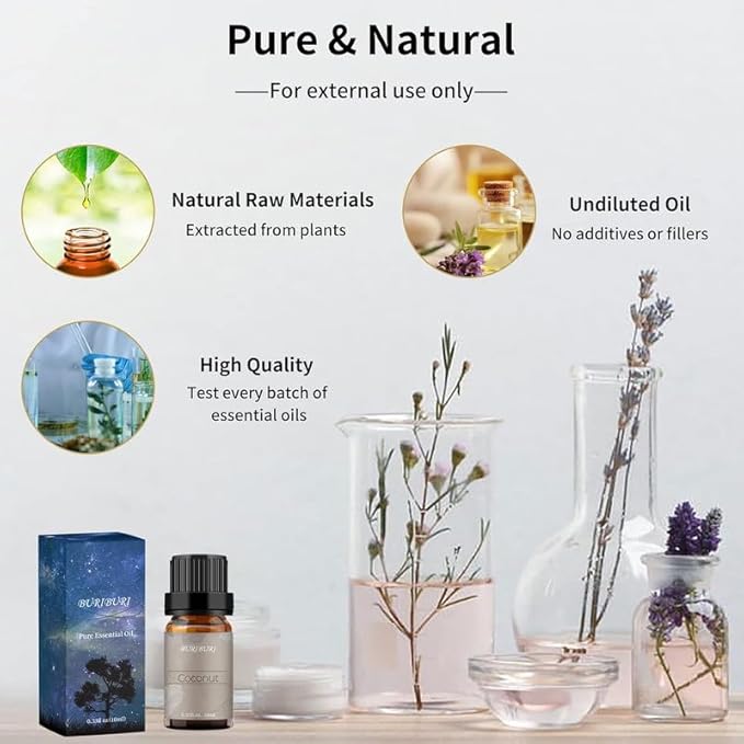BURIBURI Vanilla Essential Oil and Coconut Oil Essential Oil, 2Pack Essential Oil Set, 100% Pure, Natural Essential Oils 10ml for Diffusers, Masage, Candle Making Soap Making