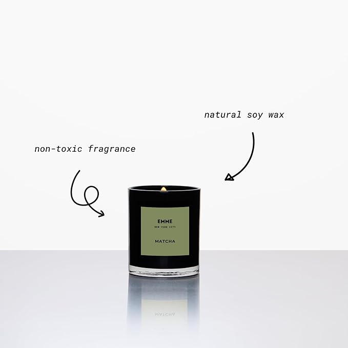 EMME NYC Scented Candle Jar - Black Glass, Soy, Natural, Non-Toxic, Pet-Safe, Up to 60 Hours Burn Time, Wood Wick, Strong Scent, Cruelty-Free, 10 oz - Matcha
