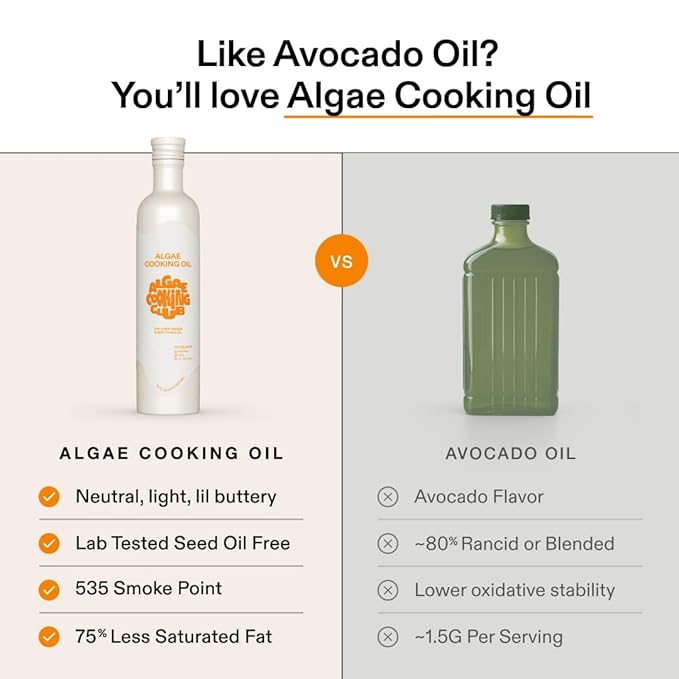 Algae Cooking Club Chef-Grade 100% Algae Cooking Oil - Avocado Oil Alternative - 535°F High Smoke Point - Omega-9 Rich, Neutral Buttery Flavor - Seed Oil-Free - For Searing, Baking, Frying (2, 16 fl oz)
