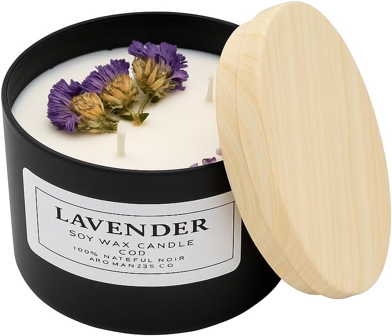 Aqua MARR Handcrafted Lavender Soy Wax Candle, 8 oz, Black Metallic Container with Dried Flowers.
