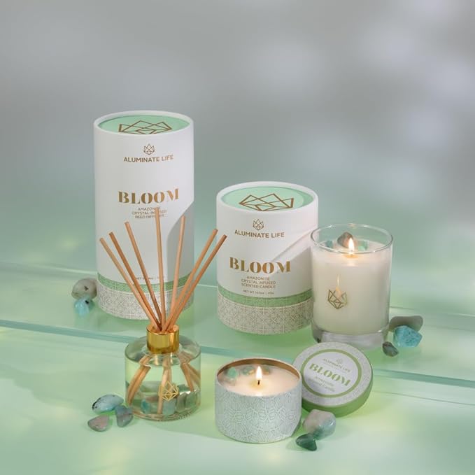 Luxury Candle Tin, 6 OZ, Bloom - Amazonite Crystal Infused - Scents of Lavender, Neroli, and Jasmine - Hope, Discovery, & Growth - Coconut Wax, Essential Oils, Dr. Developed