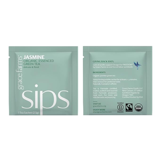 Grace Farms Organic JASMINE Green Tea (100 Enveloped Pyramid Sachets w/String & Tag) | Fragrant and Sweet | Fairtrade and Kosher Certified | Best Green Tea | Gives Back 100% of Profits