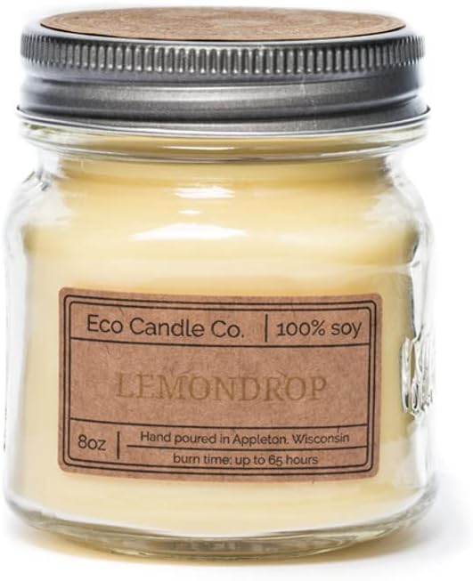 ECO CANDLE CO. Recycled Candle, Lemondrop, 8 oz. - Scents of Lemon, Bergamot, Violet, Lavender, & Sandalwood - 100% Soy Wax, No Lead, Kraft Paper Label & Lid, Hand Poured, Phthalate Free