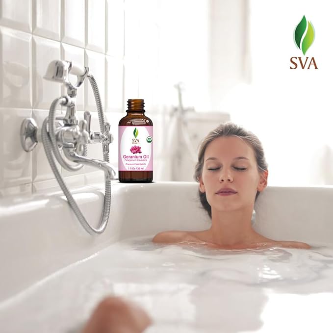 SVA Geranium Essential Oil Organic – 1 Fl Oz – 100% Natural Organic Geranium Oil - for Diffuser, Hair Care, Face, Skin Care, Aromatherapy, Scalp and Body Massage, Soap and Candle making – with Dropper