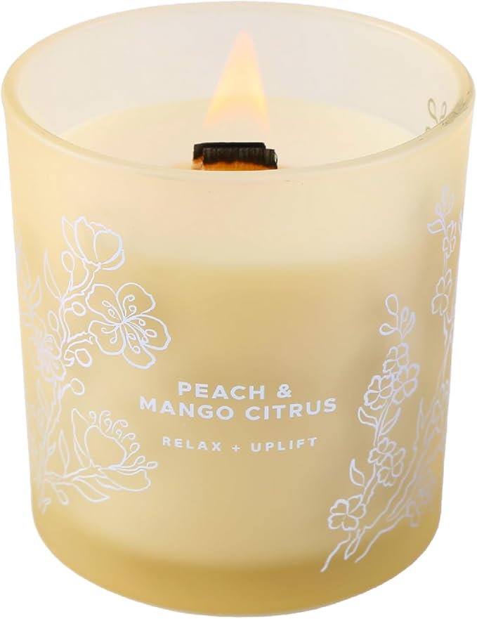 Peach Mango Citrus Scented Candle - Large Wood Wick Soy Candle 10.6 oz - Relaxing Aromatherapy Candle for Home - Highly Scented, Long-Lasting, Clean Burn, Strong Throw