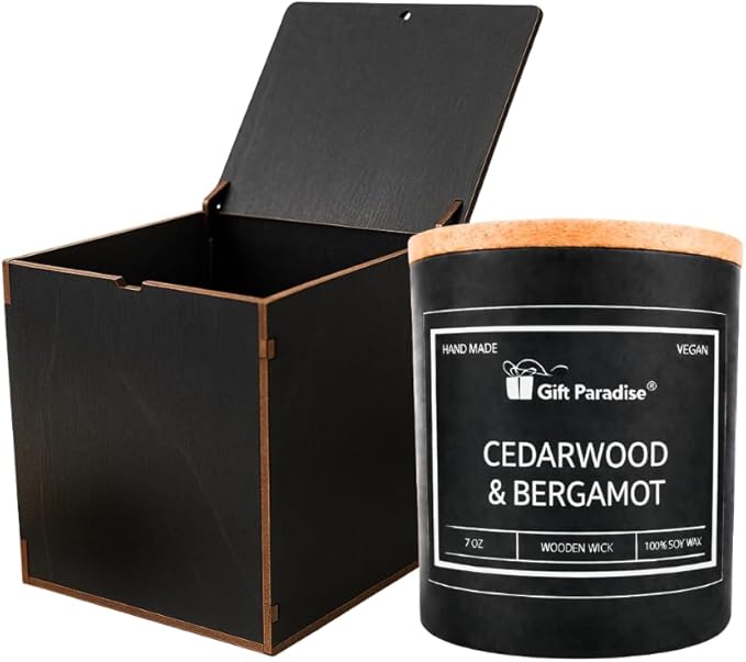 Gift Paradise® Cedarwood & Bergamot Scented Candle – 7 oz Natural Soy Wax Candle with Crackling Wooden Wick & Wooden Gift Box | Calm Self-Care Candle for Relaxation, Home Refresh & Valentine’s Day