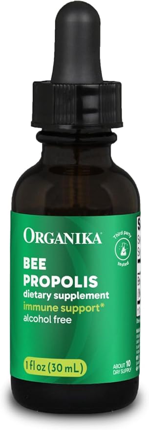 Organika Bee Propolis Tincture 1 oz: Vegan Propolis Extract - Throat and Breathing - Free of Gluten, GMO, & Artificial Flavors - 10 Day Prop Drops Supply