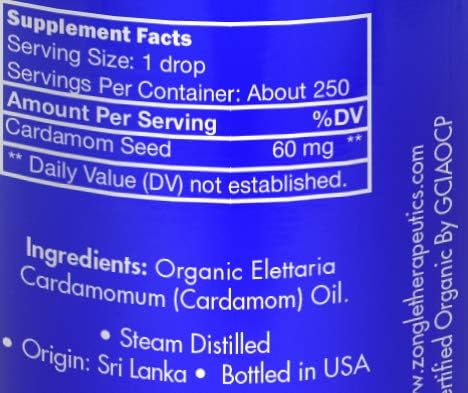 Organic, Cardamom Essential Oil, Food Grade – 100% Pure, Cardamom Oil, by Zongle Therapeutics, 15 ML