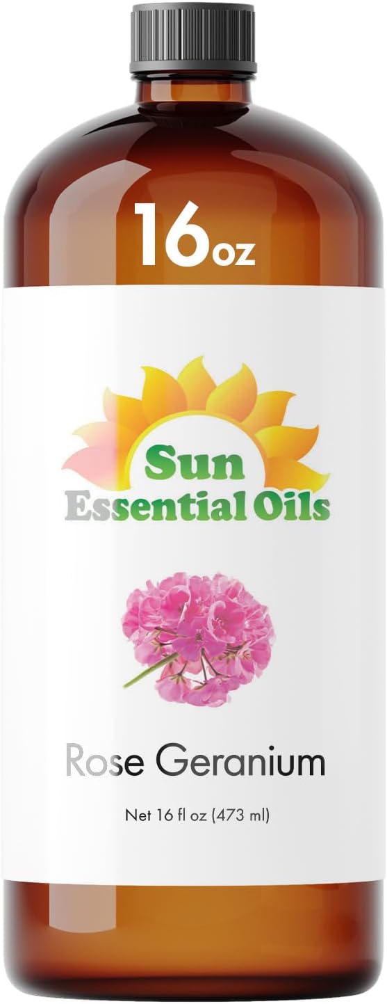 Sun Essential Oils - Rose Geranium Essential Oil 16oz for Aromatherapy, Diffuser, Calming, Skin Care