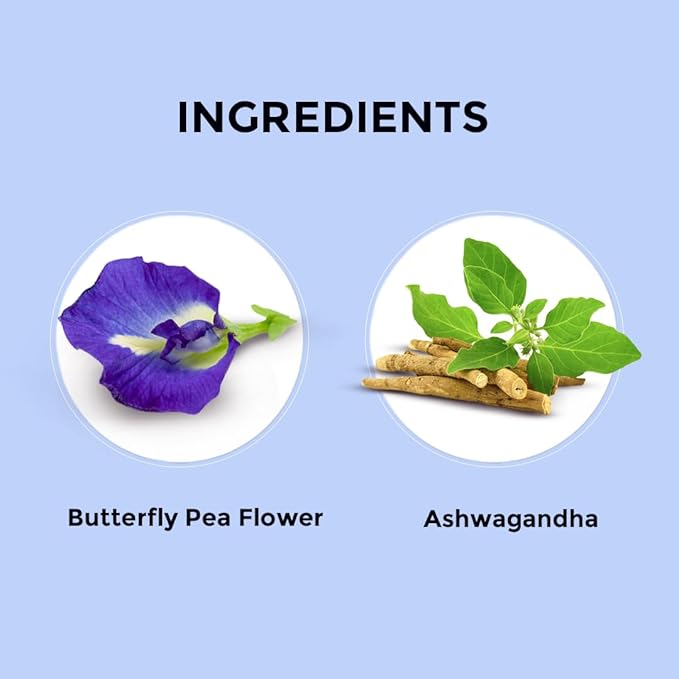 BLUE TEA - Butterfly Pea Flower Tea - Ashwagandha - 10 Count - Pyramid Plant Based Tea Bag | ANTIOXIDANT RICH | Caffeine Free - Flower Based - Herbal Tea - Non Bitter | Zipper Pack