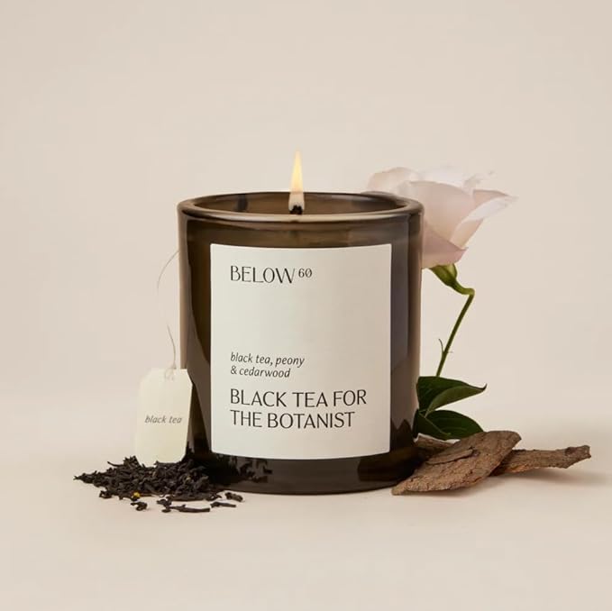 Hilary Duff’s Below 60 Scented Candle | Black Tea for The Botanist | Clean-Burning | Hand-Made with Paraffin-Free Soy Wax | 40 hr Burn Time | Black Tea, Peony, Cedarwood (7.2oz)