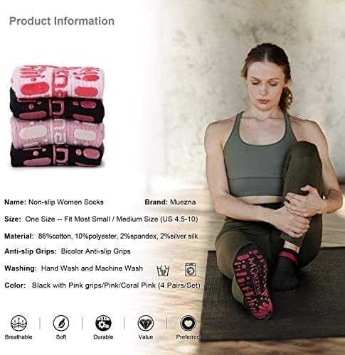 Muezna Non Slip Yoga Socks for Women, Anti-Skid Pilates, Barre, Hospital Socks with Grips, Size 5-10