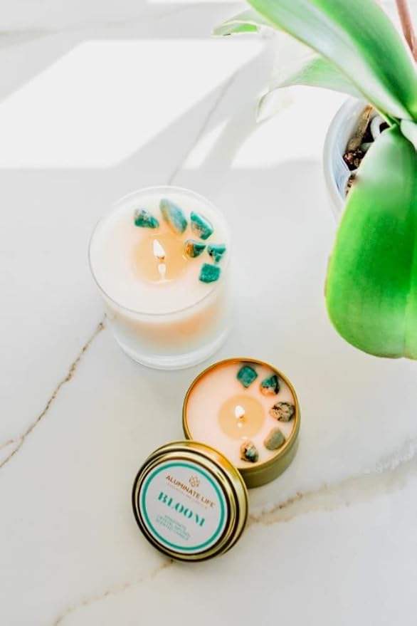 Luxury Glass Jar Candle, 14.5 OZ, Bloom - Amazonite Crystal Infused - Scents of Lavender, Neroli, and Jasmine - Hope, Discovery, & Growth - Coconut Wax, Essential Oils, Dr. Developed