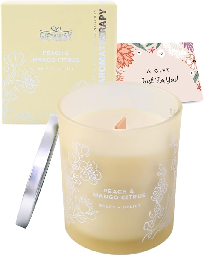 Peach Mango Citrus Scented Candle - Large Wood Wick Soy Candle 10.6 oz - Relaxing Aromatherapy Candle for Home - Highly Scented, Long-Lasting, Clean Burn, Strong Throw
