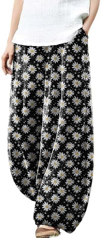 domirica Plus Size Loose Pants for Women Floral Printed Cute Pattern Ethnic Baggy Beach Wide Leg Trouser