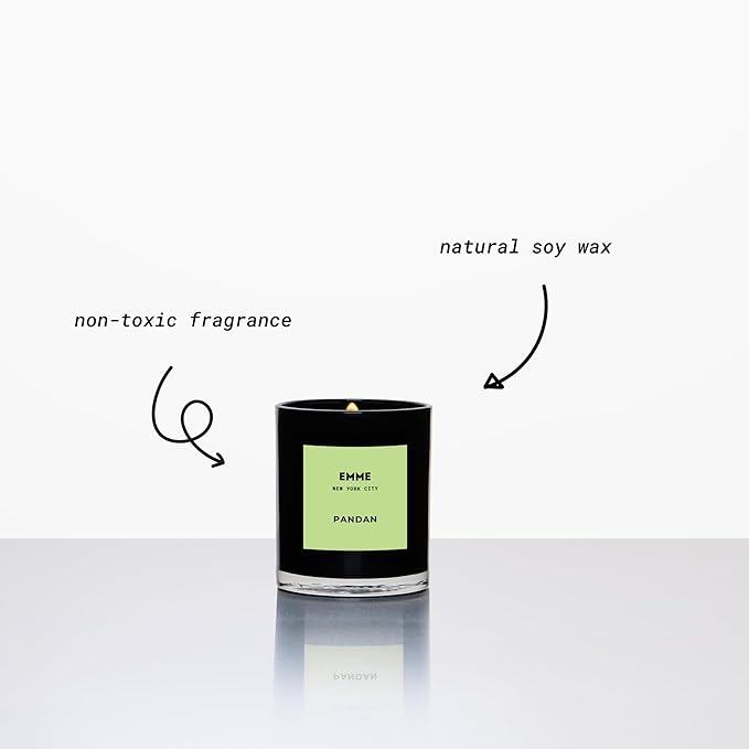 EMME NYC Scented Candle Jar - Black Glass, Soy, Natural, Non-Toxic, Pet-Safe, Up to 60 Hours Burn Time, Wood Wick, Strong Scent, Cruelty-Free, 10 oz - Best Smelling Scented Candles (Pandan)