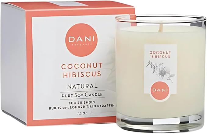 DANI Naturals Soy Candle - Coconut Hibiscus Scented, 100% Pure Soy Wax, Kosher, Non-Toxic, Long-Lasting Burn - 7.5 oz
