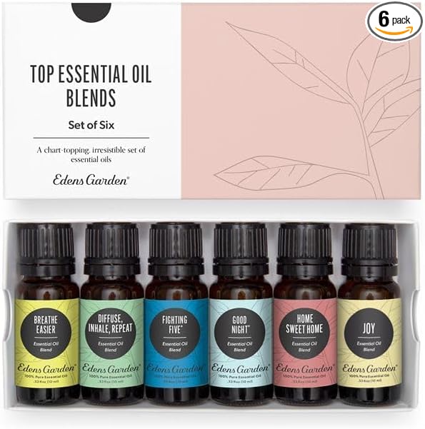Edens Garden Top Essential Oil Blends 6 Set – 100% Pure Therapeutic Grade, Undiluted Natural Aromatherapy Oils for Diffusers & Home – Includes Fighting Five, Good Night & Joy, 10 ml/ 6 Pack