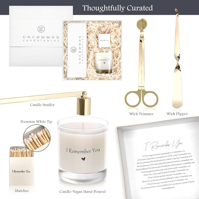 Sympathy Gift Basket for Loss of a Loved One | Hand Poured Scented Candle with Premium Wick Trimmer, Candle Snuffer, & Wick Dipper | Bereavement Candle Gifts with Matchbox