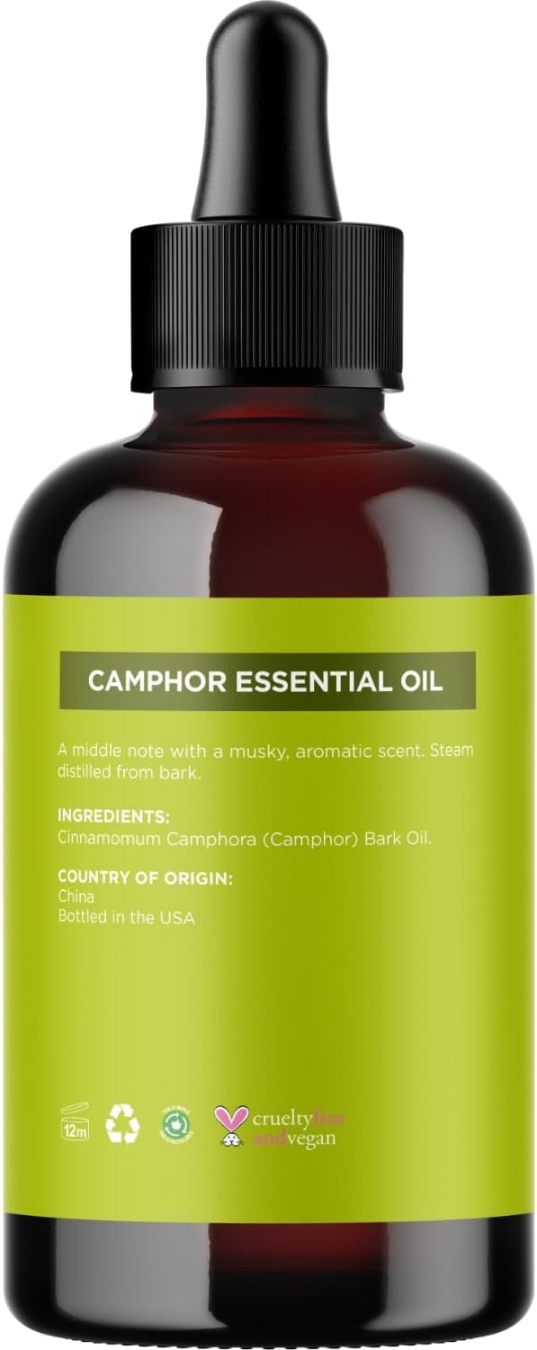 Pure Undiluted Camphor Essential Oil - 100% Pure Camphor Oil for Aromatherapy and Beauty DIYs Great for Soothing Skin and Clearing Chest - Outdoor Diffuser Oil for Patios and Porches (4 Fl Oz)