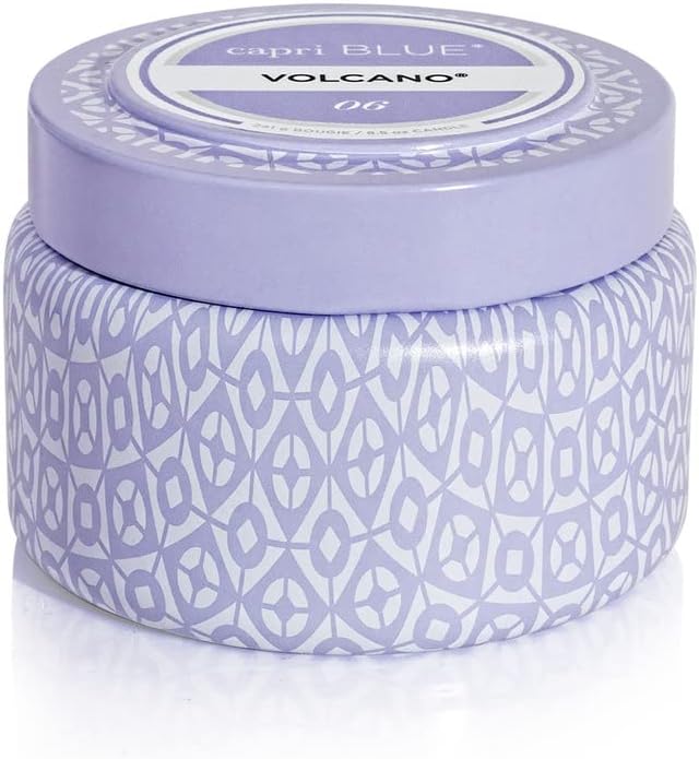 Capri Blue Volcano Printed Travel Tin Jar Candle - Luxury Candle with a Long Lasting Soy Wax Blend - Scented with Tropical & Fruity Fragrance (Lavender Color, 8.5 oz)