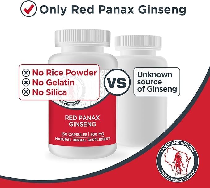Dairyland Management LLC 100% Authentic Korean Red Panax Ginseng Capsules -500 mg. Potent Ground Ginseng Root Extract Powder - No Fillers, Binders or Other Additives. (150 ct)