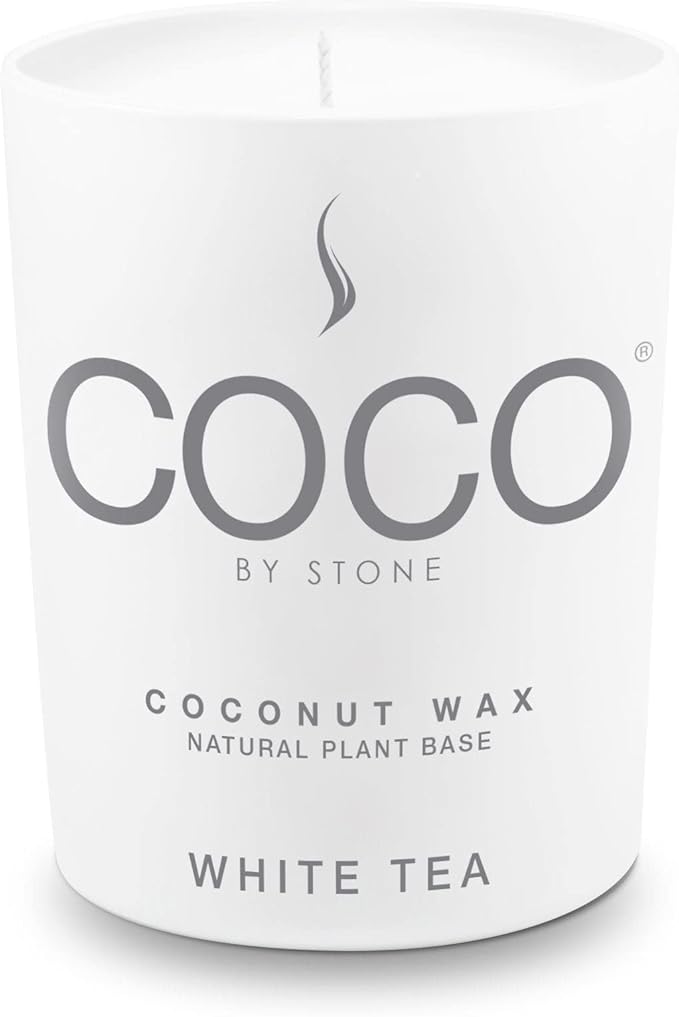 COCO by Stone 6.5oz Candle, Coconut Apricot Wax Candle for Home (White Tea) Home Fragrance Products, 1 Wick Candle, Enhance Indoor Aroma, Vegan & Cruelty-Free, Clean Burning and Hand Poured Candle