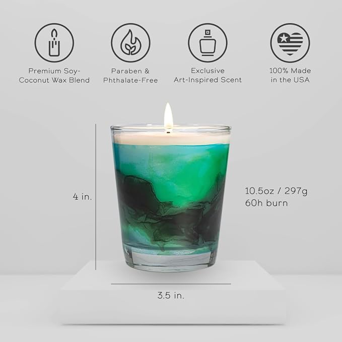 Evergreen Shore Art-Inspired Scented Candle | 10.5oz Soy Coconut Wax Blend | 60-Hour Burn | Premium Mountain Forest & Fresh Air Scent | Signature Artistic Glass Vessel | Unique Gift | Made in The USA