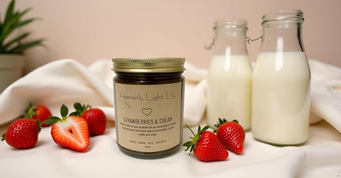 Heavenly Light LLC 100% Non-Toxic 9 oz Scented Soy Wax Candles Strawberries and Cream