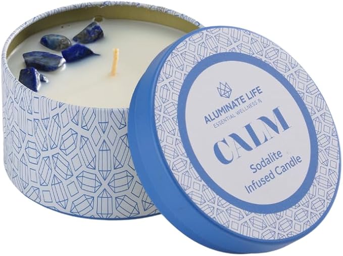 Luxury Candle Tin, 6 OZ, Calm - Sodalite Healing Crystal Infused - Scents of Chamomile, Howood, & Sage - Destress, Insight, Serenity, & Peace - Coconut Wax, Essential Oils