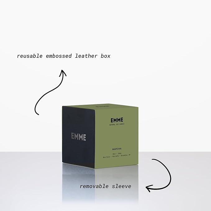 EMME NYC Scented Candle Jar - Black Glass, Soy, Natural, Non-Toxic, Pet-Safe, Up to 60 Hours Burn Time, Wood Wick, Strong Scent, Cruelty-Free, 10 oz - Matcha