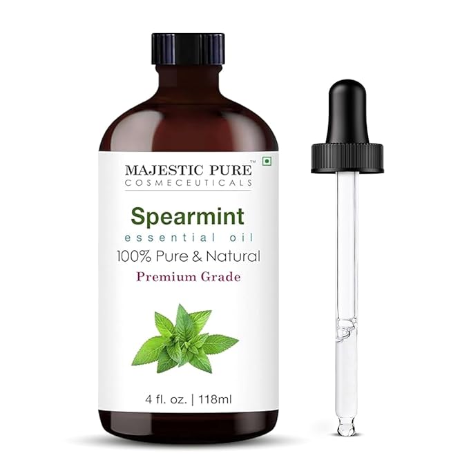 Majestic Pure Essential Oil with Glass Dropper - 100% Pure and Natural - Essential Oils for Diffuser, Aromatherapy, Soap and Candle Making, Spearmint Essential Oil, Spearmint Oil, 4 Fl Oz