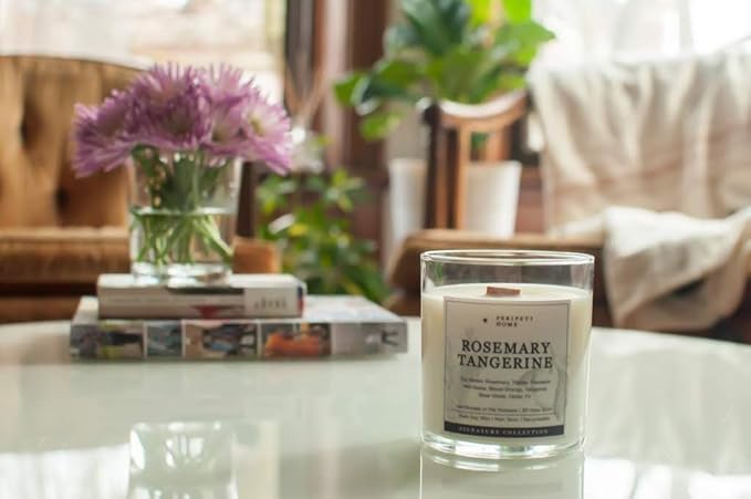PERIPETI Home Rosemary + Tangerine Scented Candle - Wooden Wick, 8.5oz Natural Soy Wax for Energizing Aromatherapy - Long-Lasting Citrus & Herbal Fragrance for Home or Spa