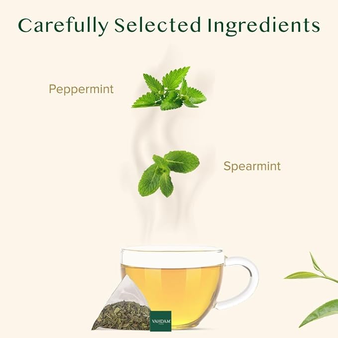 VAHDAM, Pure Mint Herbal Tea (100 Pyramid Tea Bags) Caffeine Free, Non GMO, Gluten Free | Blend of Spearmint & Peppermint - Sweet & Minty | Resealable Ziplock Pouch
