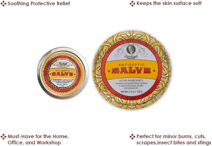 Rawleigh Antiseptic Salve Iconic Yellow Big Tin: 4.5 oz, Natural, Multi-Purpose Ointment Soothes Skin Cuts, Bruises, Irritations, with Turpentine, Phenol, Cottonseed Oil, Original Formula - Pack of 1
