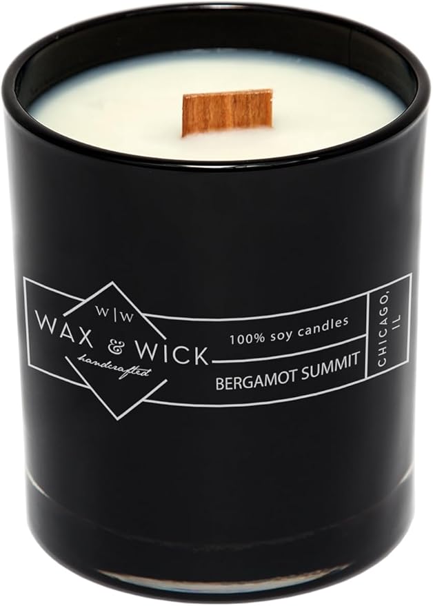 Wax & Wick 12oz Scented Candle for Men, 100% Soy Wax, Double Wood Wick, Black Jar, Bergamot Summit Scent, Long Lasting, Masculine Scents, Perfect for Home, Mancave, Bachelor Pad, Men's Gift - USA Made