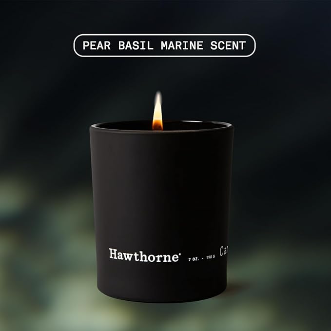 Hawthorne Fresh & Aquatic Cologne-Scented Candle. Breezy Like A Cool Gin Cocktail Out at Sea. Notes of Juniper, Pear, Sea Salt, and Cedar. Soy Blend Wax, 7 Oz., About 50 Hours of Burn Time.