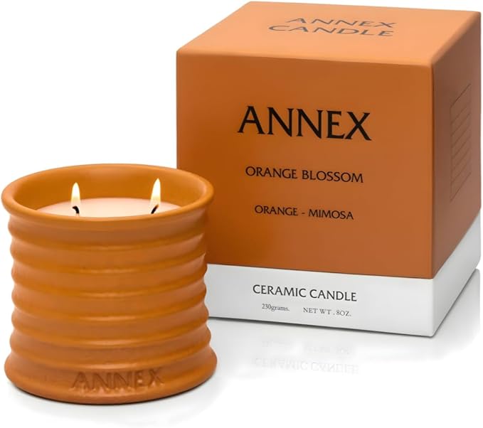 Annex Orange & Mimosa Luxury Scented Candle - Handmade Ceramic Jar - 50hr Clean Burn, Non-Toxic Soy Wax - Aesthetic Home Decor Winter Gift for Women & Men - Energizing Citrus